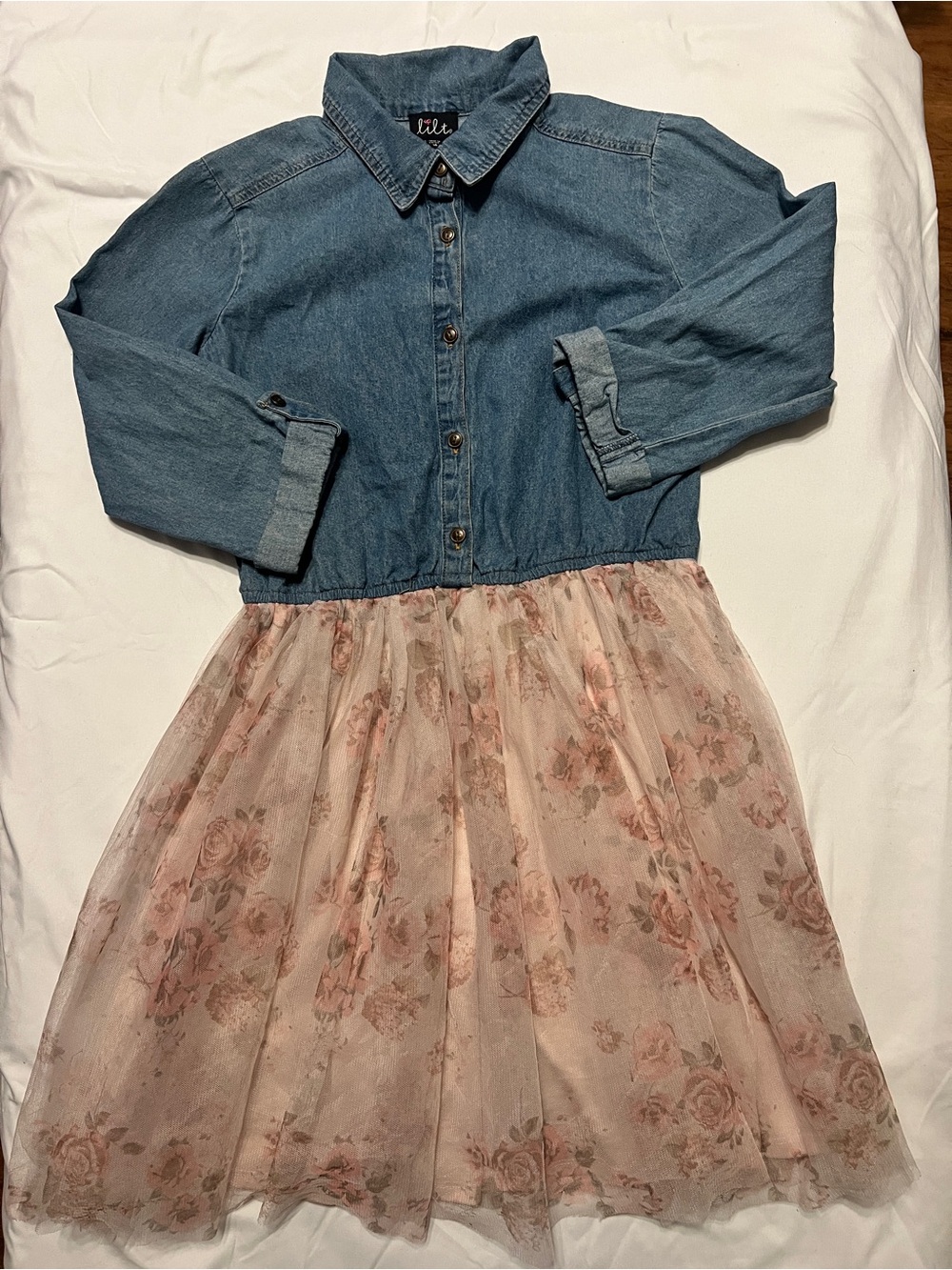lilt Denim Bodice with Pink Floral Tulle Skirt Dress SIZE 16